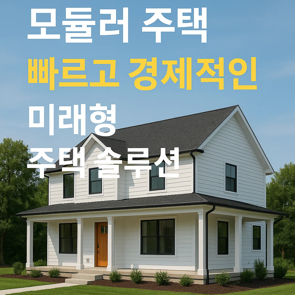 "모듈러 주택 소개 썸네일 – 흰색 외벽과 검정 지붕을 갖춘 세련되고 인기 있는 양층 주택 배경에 '빠르고 경제적인 미래형 주택 솔루션'이라는 한국어 텍스트가 어우러진 인포그래픽 이미지"