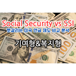 미국 달러 바탕에 소셜 시큐리티 와 ssi를 비교하는 문장 기여형 복지형 문구가 젹혀진 이미지
