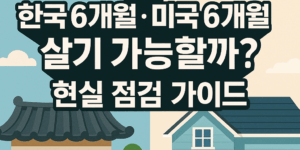 은퇴 후 한국과 미국을 오가며 사는 시니어 부부의 삶을 상징하는 삽화. 여권, 항공기, 벚꽃, 미국 주택 등이 함께 표현된 구성.