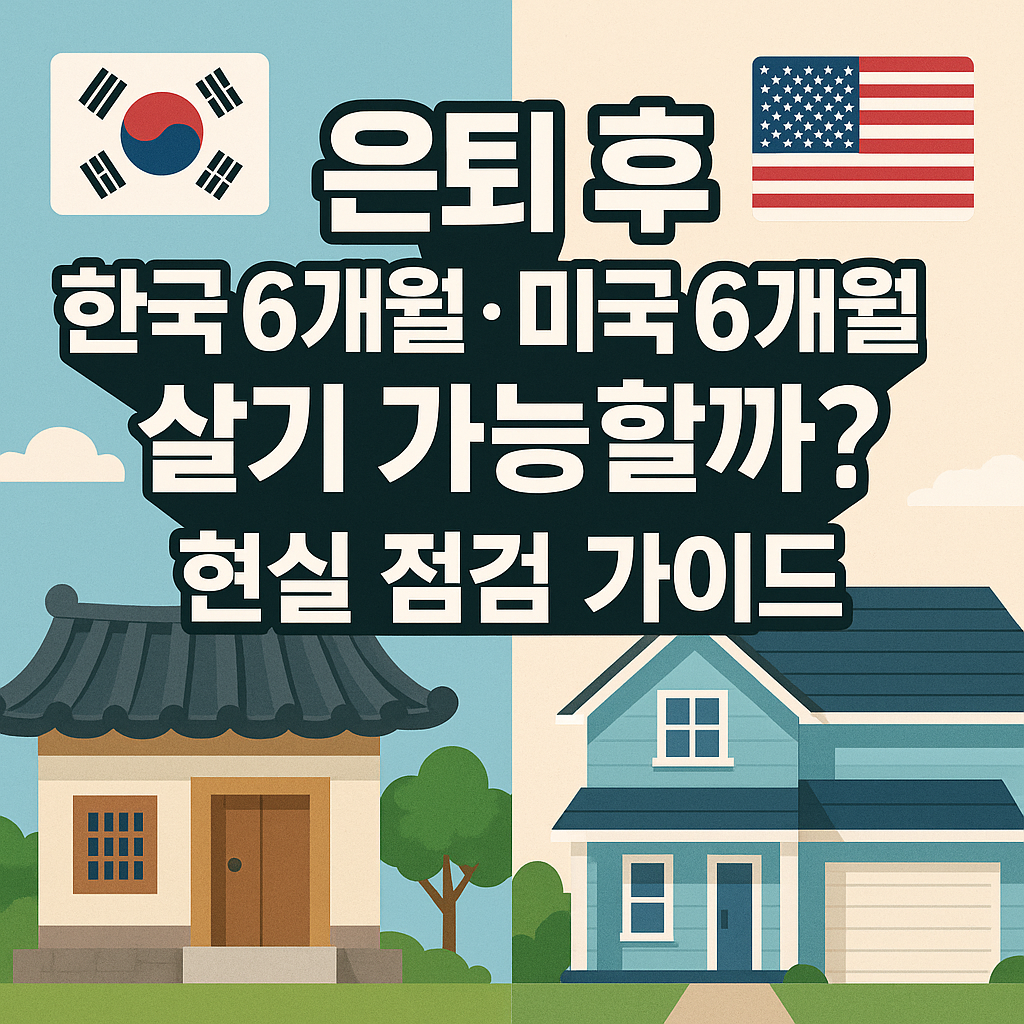 은퇴 후 한국과 미국을 오가며 사는 시니어 부부의 삶을 상징하는 삽화. 여권, 항공기, 벚꽃, 미국 주택 등이 함께 표현된 구성.