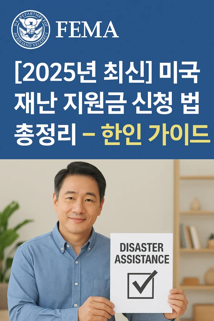 2025년 미국 재난 지원금 신청 정보를 들고 있는 한인 남성, FEMA 안내와 함께 한인을 위한 신청 가이드 안내 이미지