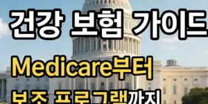 2025년 미국 노후 건강 보험 가이드를 소개하는 한국어 홍보 이미지. 미국 국회의사당을 배경으로 Medicare와 보조 프로그램 정보를 강조하고 있음.