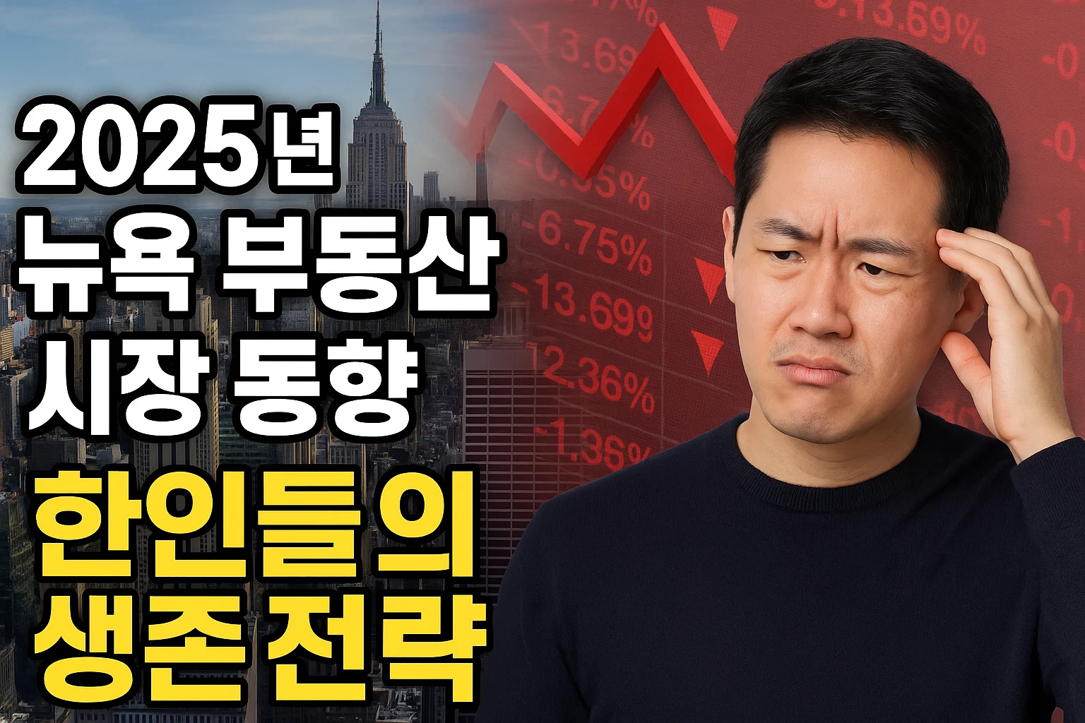 2025년 뉴욕 부동산 시장 하락과 한인들의 생존 전략을 설명하는 유튜브 썸네일 이미지. 엠파이어 스테이트 빌딩과 빨간 하락 화살표, 고민하는 한인 남성의 모습이 포함됨.