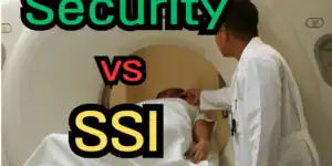 Social Security와 SSI 제도를 비교하는 유튜브 썸네일 이미지. CT 검사 중인 환자와 의료진 사진 위에 큰 글씨로 Social Security vs SSI가 강조되어 있으며, 하단에는 ‘헷갈리는 미국 연금 제도 비교 분석’이라는 문구가 노란 배경에 쓰여 있음.