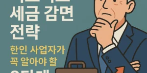 "2025년 비즈니스 세금 감면 전략, 한인 사업자가 꼭 알아야 할 8단계라는 문구와 함께 정장을 입은 중장년 남성 일러스트, 달러 아이콘이 있는 서류가방, 상승 그래프가 함께 표현된 썸네일 이미지"