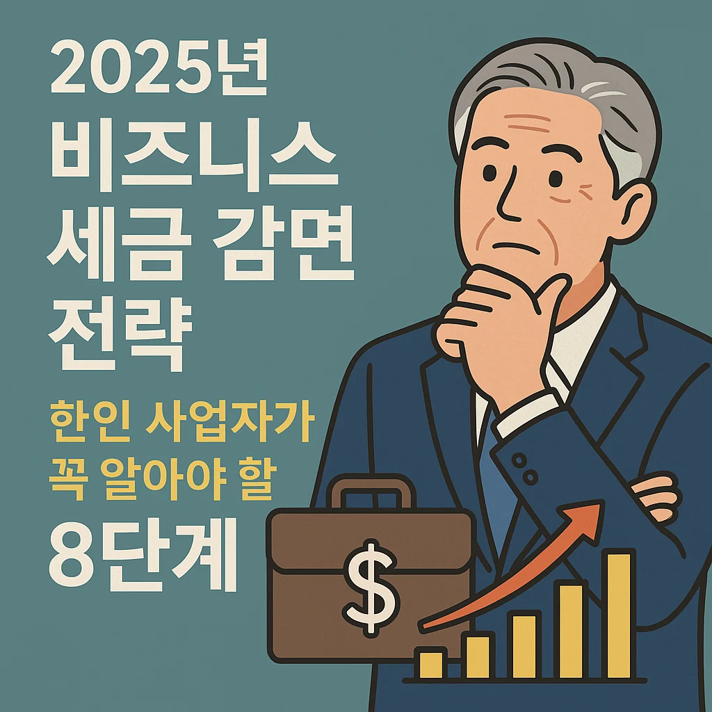 "2025년 비즈니스 세금 감면 전략, 한인 사업자가 꼭 알아야 할 8단계라는 문구와 함께 정장을 입은 중장년 남성 일러스트, 달러 아이콘이 있는 서류가방, 상승 그래프가 함께 표현된 썸네일 이미지"
