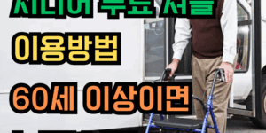 보행 보조기를 이용해 무료 셔틀버스에 탑승하는 백발의 시니어 남성. "시니어 무료 셔틀 이용방법, 60세 이상이면 누구나 가능"이라는 안내 문구가 포함된 이미지.