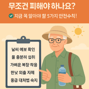 여름철 어르신 외출 시 주의사항 요약 - 폭염 대비 체크리스트와 복장, 시간대, 응급대처법 등 시니어 건강을 위한 안전 수칙 안내