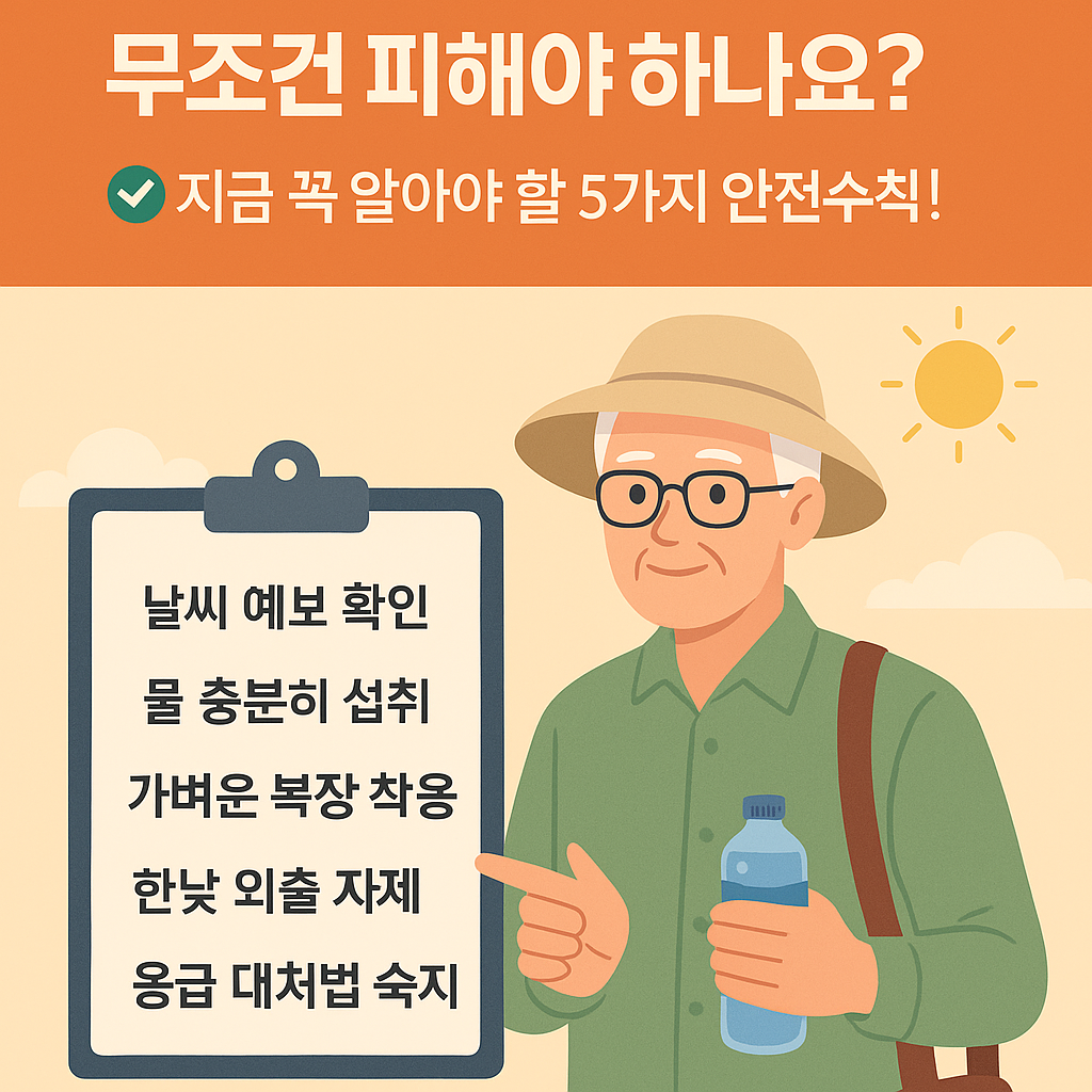 여름철 어르신 외출 시 주의사항 요약 - 폭염 대비 체크리스트와 복장, 시간대, 응급대처법 등 시니어 건강을 위한 안전 수칙 안내