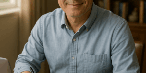 "은퇴 준비 자금을 계산 중인 여유로운 표정의 한인 중장년 남성"