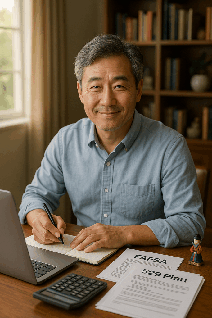 "은퇴 준비 자금을 계산 중인 여유로운 표정의 한인 중장년 남성"