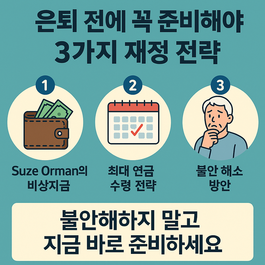 "은퇴 전에 꼭 준비해야 할 3가지 재정 전략 - Suze Orman의 비상자금, 최대 연금 수령 전략, 불안 해소 방안 설명"