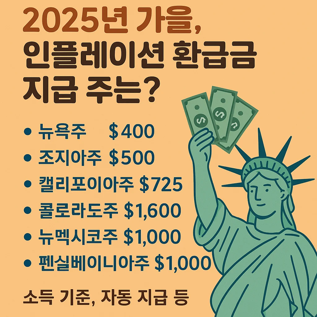 2025년 가을 인플레이션 환급금을 지급하는 미국 6개 주 정보 요약 – 뉴욕주, 조지아주, 캘리포니아주, 콜로라도주, 뉴멕시코주, 펜실베이니아주의 최대 지급액 및 소득 기준 안내