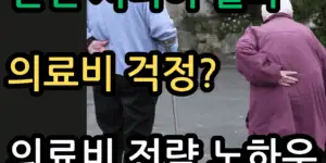 의료비 걱정이 있는 한인 시니어들을 위한 썸네일 이미지. 두 명의 노인이 길을 걷고 있으며, "한인 시니어 필독", "의료비 걱정?", "의료비 전략 노하우"라는 문구가 강조되어 있음.