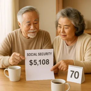 사회보장연금 월 $5,108 수령에 대해 상의 중인 한인 시니어 부부, 70세 연기 혜택 설명 중