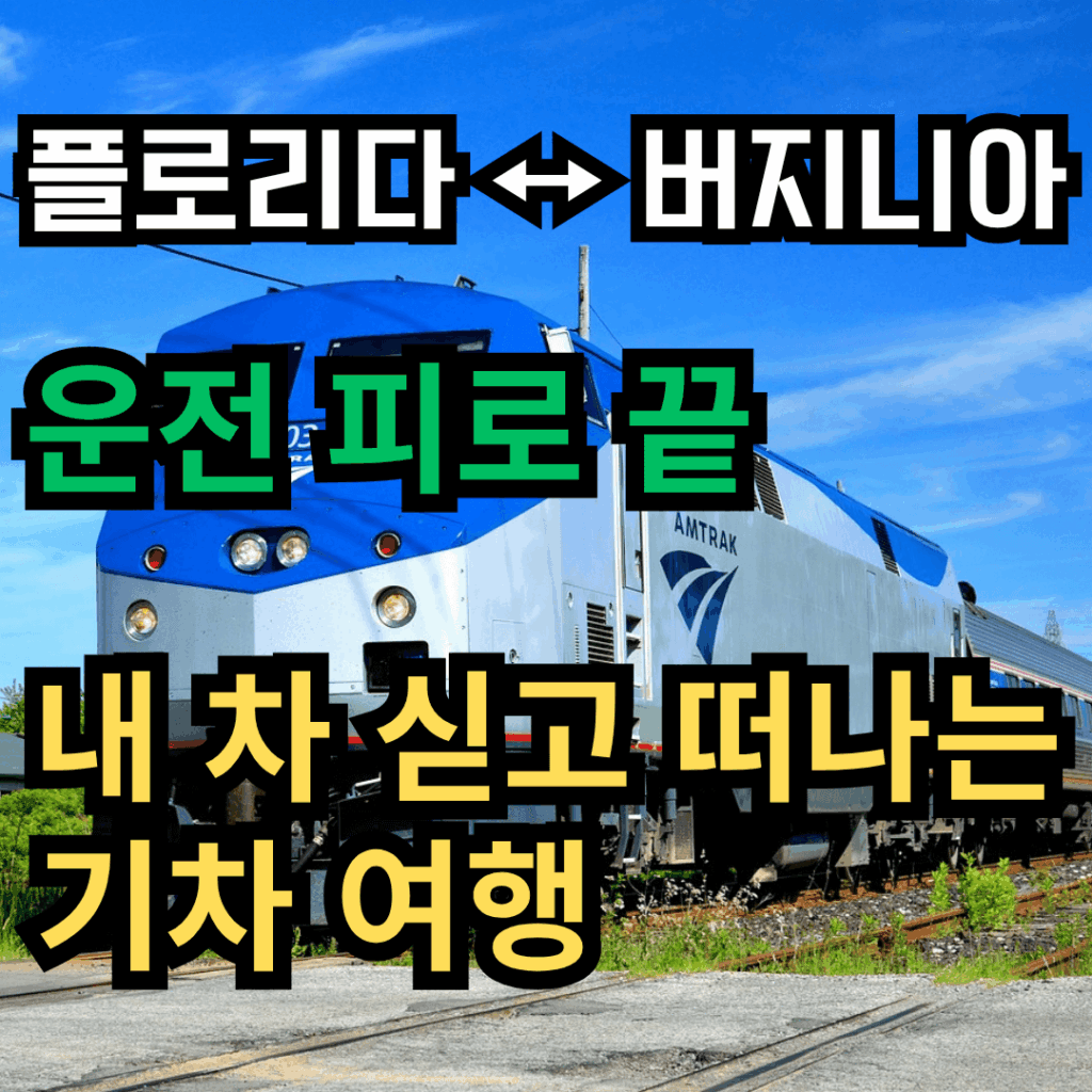 기차가 그려진 배경 이미지에 플로리다 와 버지니아를 운행하는 여행을소개하는 문구가 있는 이미지